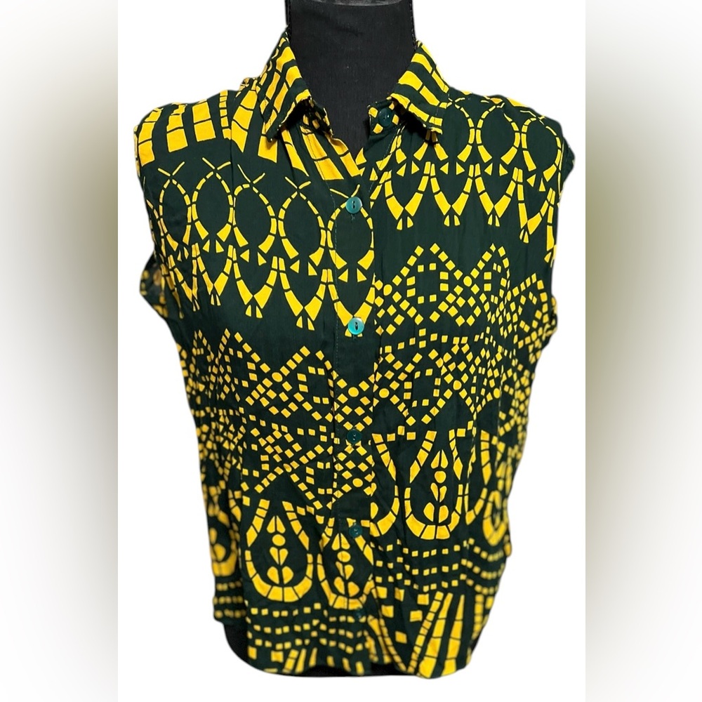 Luna May All Humans Are Beautiful Women’s  Blouse Top Button Blue Yellow Sz M/L